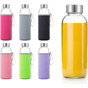 Glass Water Bottles 6 Pack With Sleeves and Stainless Steel Lids - 18oz Size - Leak Proof Caps, Reusable and Perfect For Travel and Storing Beverages Juice, Smoothies, Kombucha, Kefir, Tea