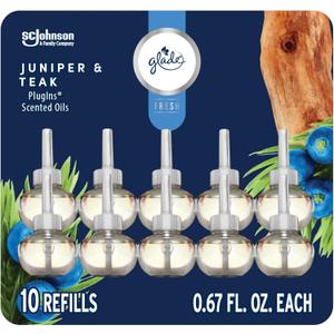 Glade PlugIns Refills Air Freshener, Juniper & Teak, Scented and Essential Oils for Home and Bathroom, 0.67 Fl Oz, 10 Count
