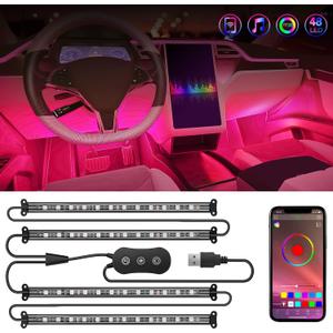 Nilight 4PCS USB Interior Car Lights 48 LEDs RGB LED Strips Lights with App Control Music Sound Active Mode Under Dash Footwell Ambient Lights 2 Line Design for Car Truck ATV UTV