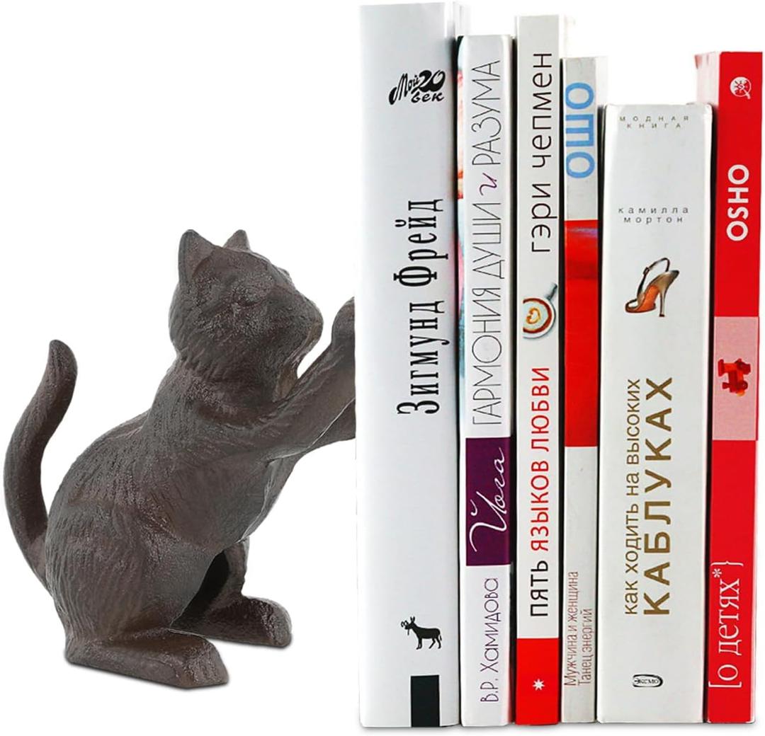 Cat Decorative Bookends, Unique Cast Iron Animal Shape Book Ends to Hold Books Heavy Duty, for Home Library Office Shelf Decoration, Vintage Antique Home Decor