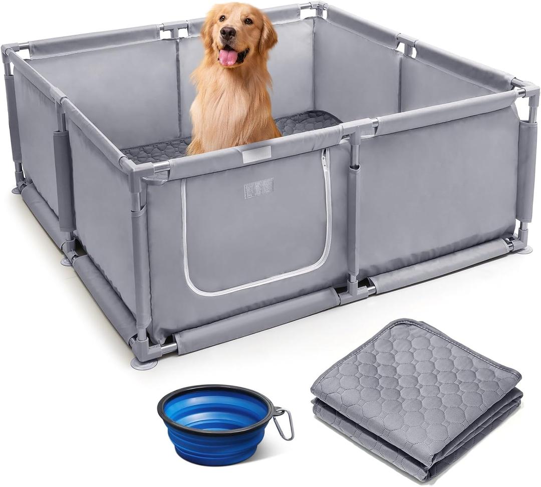 Whelping Box for Dogs and Puppies 48x48x18 inch Pet Whelping Box with Washable Pee Pads and Collapsible Dog Bowl for Medium Small Dogs (Light Grey)