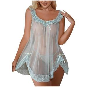 OYOANGLE Women's 2 Piece Mesh Sheer Floral Lace Babydoll Slip Dress Nightgowns and Thong Lingerie Set XL