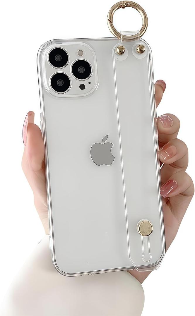 siduater Strap Holder Case for 6.7 iPhone 15 Pro Max with Kickstand, Wrist strap Band Soft Clear Shockproof Protective Cover, Adjustable Handle Grip Loop for iPhone 15 Pro Max 6.7 Inch, Crystal Clear