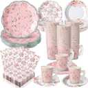Pickmesh 252 Pcs Pink Floral Tea Party Supplies for 36 Guests Pink Floral Paper Disposable Dinnerware Flower Teacups with Handle and Saucers Set for Tea Party Decorations Birthday Wedding