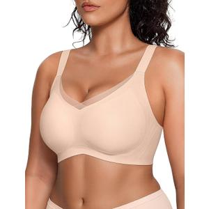 Vertvie Wireless Bras Women Seamless Jelly Supportive Mesh Crossover Bra No Underwire Push Up Full Coverage T-Shirt Bralette (Beige, XL)
