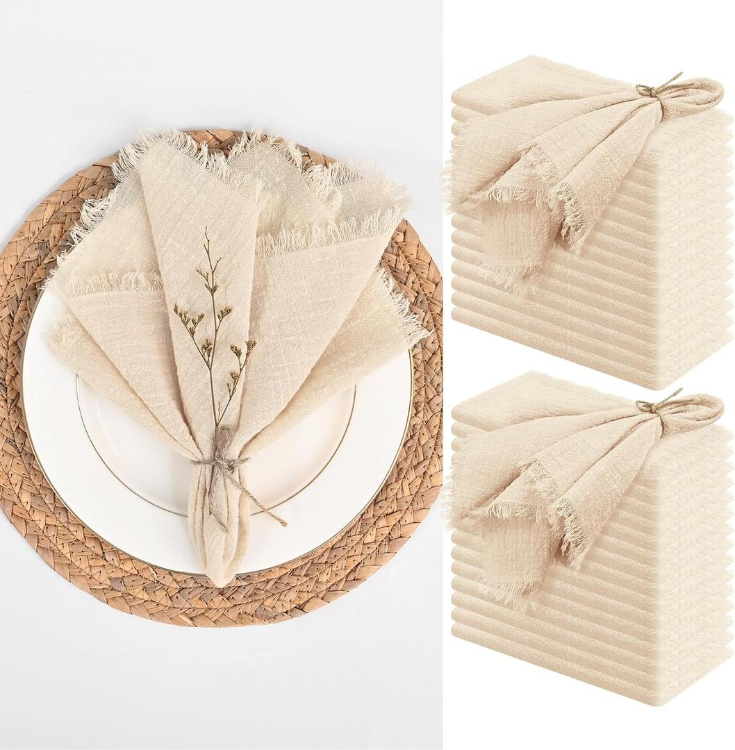 30 Packs Cotton Linen Napkins,Handmade Cloth Napkins Bulk with Fringe, Rustic Boho Napkins Cloth,Cloth Napkins for Romantic Wedding Party Event Dinner Birthday Table Decor(Beige,16 x 16 Inch)