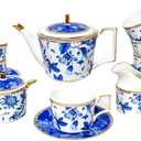 Bone China Tea Set for Adults, Blue and White Porcelain Tea Sets, Bone China Tea Cup Set With Teapot Creamer Pitcher Sugar Bowl and Teaspoons, Vintage Tea Sets for Women Tea Part