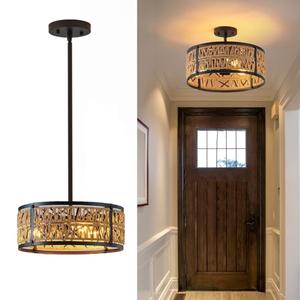 Bsyormak Rattan Chandelier - Boho Rattan Pendant Light, 3 Lights Black Metal Light Fixtures Boho Hanging Light, Farmhouse Chandelier for Dining Room, Bedroom