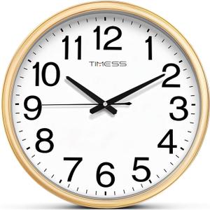 Wall Clock, 13 Inch Large Dial Non-Ticking Silent Battery Operated Quality Analog, Ultra-Quiet Movement Quartz, Timeless Stylish Clock, Ideal Modern Home, Office Décor (Gold)