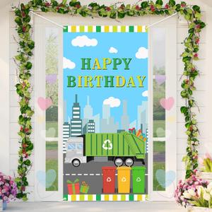 Lofaris Garbage Truck Happy Birthday Door Banner  Trash Trucks Birthday Decorations for Kids,Fun Garbage Truck Party Backdrop for Boys, Baby Shower Favors & Photo Props