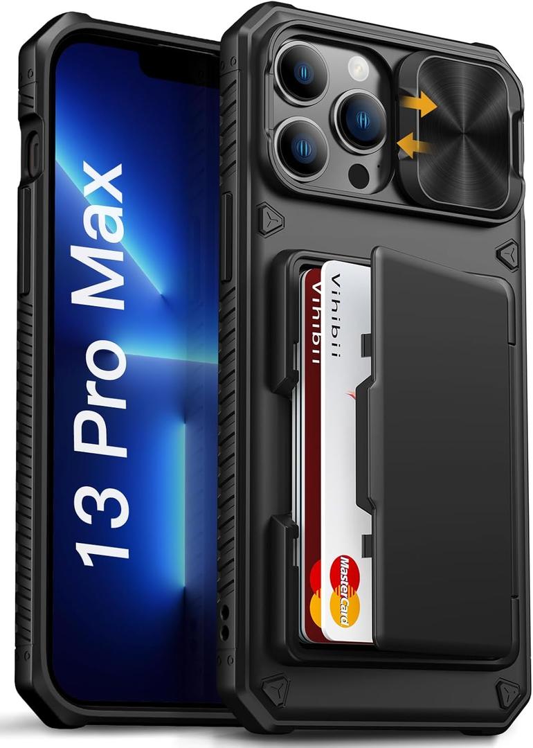 Vihibii for iPhone 13 Pro Max/iPhone 12 Pro Max Case with Card Holder (4 Cards) [RFID Blocking] & Slide Camera Cover, Military Grade Drop Protection, Rugged Back & Silicone Edge Wallet Case, Black