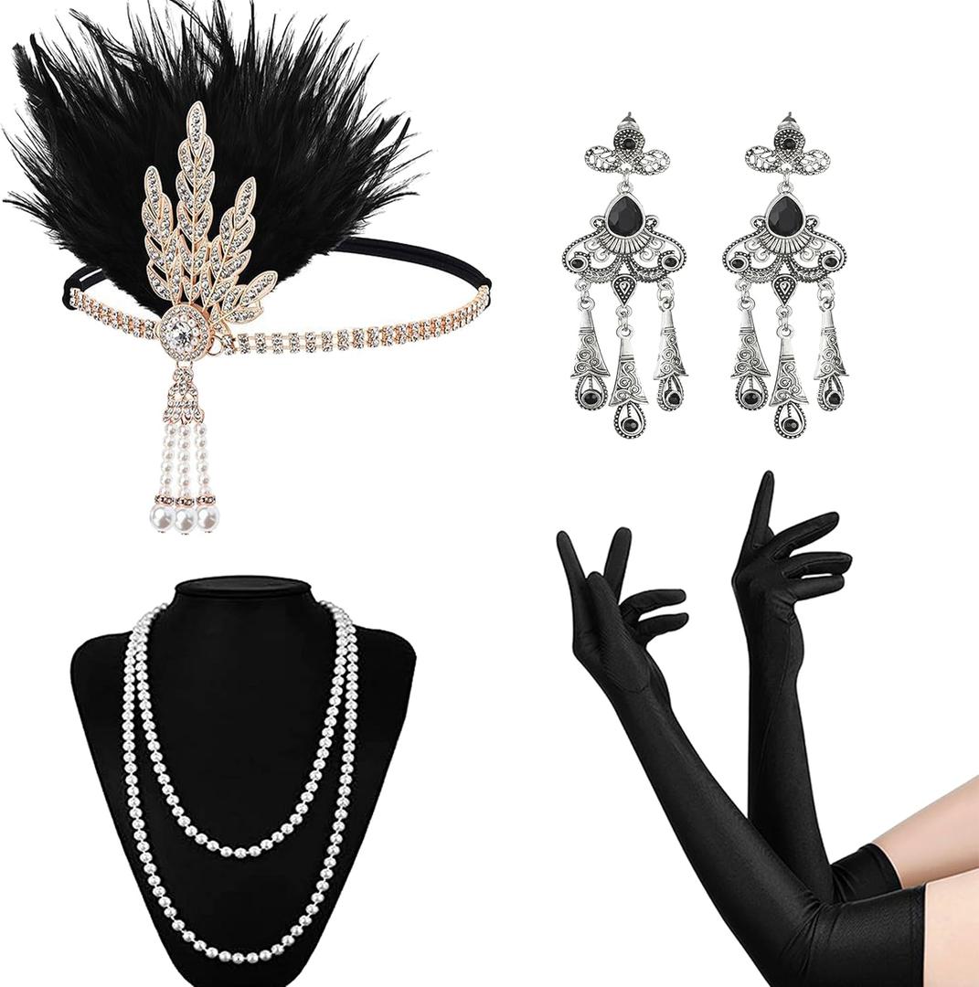 1920s Gatsby Costume Accessories Set, Vintage Flapper Feather Headpiece Roaring 20's Accessories for Women