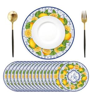 50 Pack Lemon Paper Placemats Disposable 50 Pack 13.7 Inch Cyan Blue Tiles Lemon Fruit Round Place Mats Summer Table Mats for Kitchen Dining Party Decoration (Mats Only)