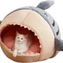 CXYYXF Shark Shape Cat Cave Bed with Thick Cushion, Kitten Cat Soft Warm House for Indoor Cats Anti-Slip Bottom, Cat Tent with Removable Washable Cushioned Pillow (Blue,Large)