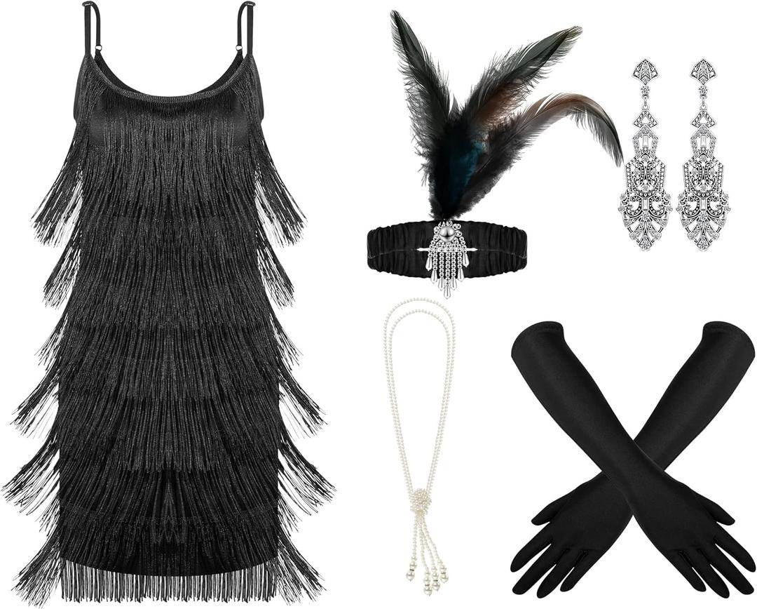 Zhanmai 6 Pcs Flapper Dress Flapper Costumes for Women 1920s Accessories Set Headband Pearl Necklace Earrings Gloves Stick (Medium, Black)