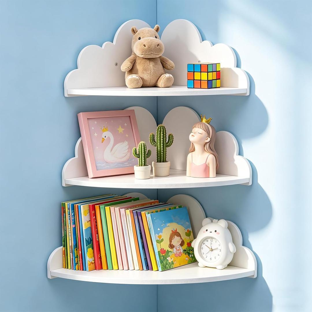 Cloud Floating Corner Shelves, Set of 3 Cloud Corner Floating Shelves Wooden Cute Wall Mounted Shelf Clouds Dispaly Shelf for Toys Plants & Storage