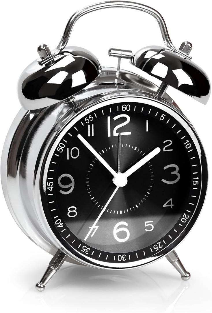 AYRELY Super Loud Alarm Clock for Heavy Sleepers Adults,Twin Bell Retro 4 Inch Silent Non-Ticking Quartz with Backlight, Metal dial, Alarm Clocks for Bedrooms Bedside (Black)