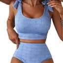 Herseas Women 2 Piece High Waisted Bikini Sets Seashell Textured Tie Strap Swimsuits Bathing Suit Beach Summer Outfits (Blue, L)