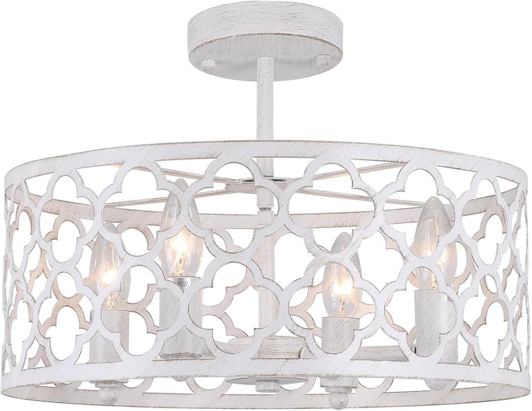 Bargeni Farmhouse Chandelier,15 inch Rustic Ceiling Light Fixture,Antique White Finish,4-Light Dining Room Light Fixture for Kitchen Island,Bedroom,Entryway,Foyer