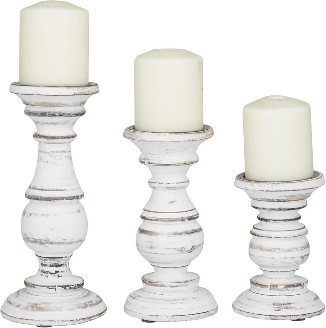 Deco 79 Mango Wood Decorative Candle Holder Turned Style Pillar Candle Stand, Set of 3 Candlestick Holder 10", 8", 6H, White