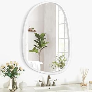 Lzuso Wood Frame Hanging Wall Mirror Asymmetrical Irregular Oval Mirrors for Wall Unique Shape Decorative Artistic Mirror for Entryway Bedroom Living Room Bathroom White