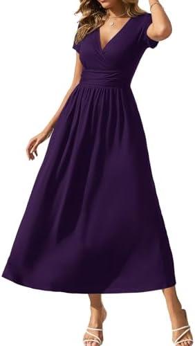 Gracyoga Women's Summer Dresses 2025 Short Sleeve Maxi Dress Casual V Neck Flowy Sundress with Pockets.XL