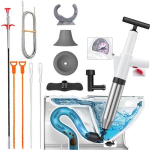 Toilet Plunge Blaster, 13-Piece Pipe Unclogging Tool Set, Drain Clog Remover, High Pressure Toilet Plunger with Real-Time Barometer, for Unclog Toilet, Bathrooms, Sinks, Floor Drains (White)