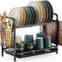 GSlife Dish Drying Rack, 2 Tier Rust-Resistant Dish Rack with Drainboard Compact Dish Drainer with Utensil Holder, Cutting Board Holder for Kitchen Counter, Black