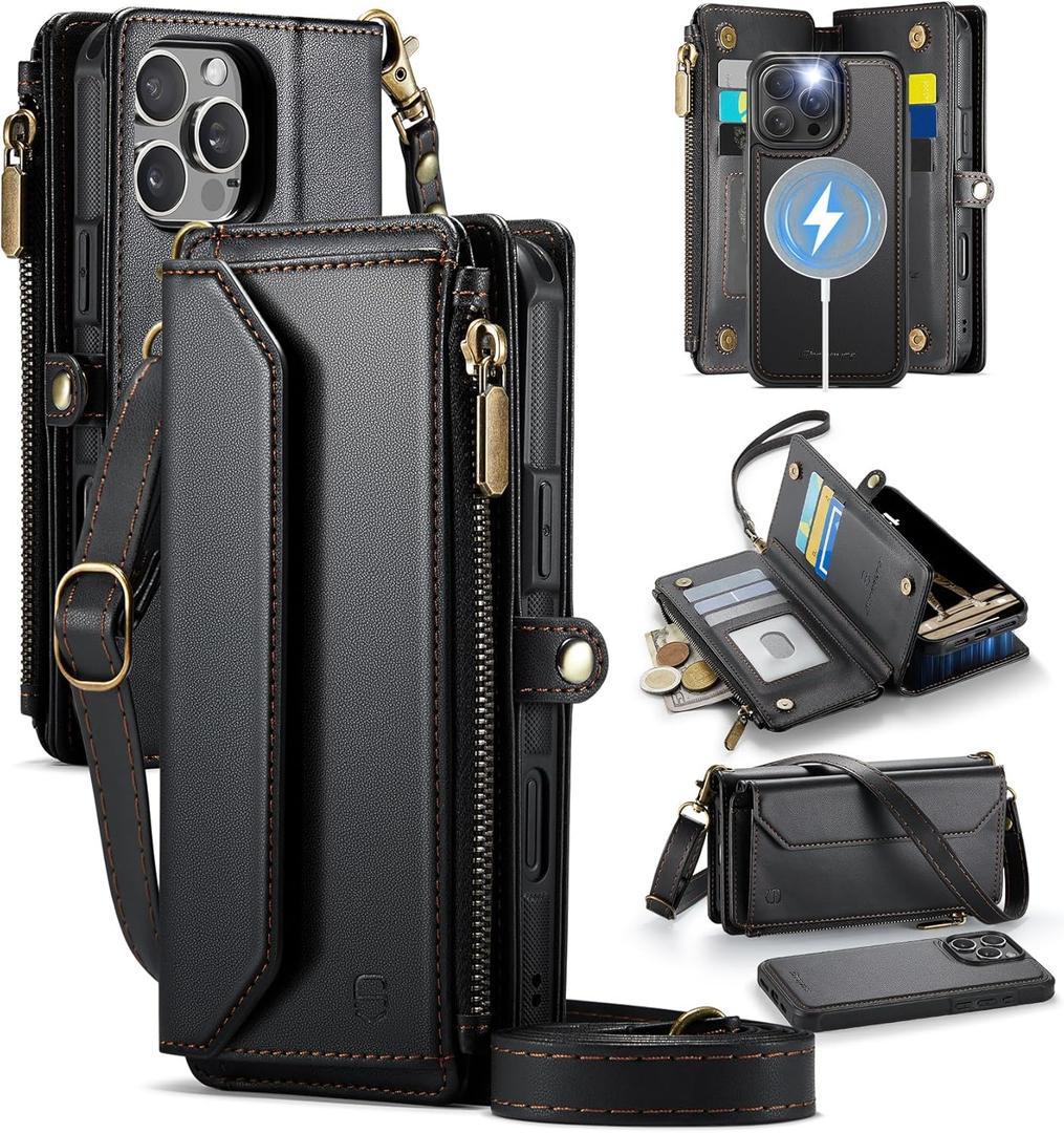 Strapurs for iPhone 15 Pro Max Detachable Wallet Case Compatible with Magsafe, RFID Blocking 9-Card Holder Zipper Strap Lanyard PU Leather Magnetic Phone Case for iPhone 15 Pro Max 6.7", Black