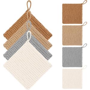 Breling 8" Thick Crocheted Pot Holders Neutral Square Cotton Woven Coasters Hot Pads Heat Resistant Handmade Place Mats for Home Dining for Tea Cups, Pots, Drinks and Hot Dishes