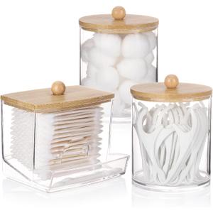 Tbestmax Qtips Dispenser Bathroom Container, 10/12 oz Cotton Ball Holder, Apothecary Jar Organizer for Storage Cotton Swab, Cotton Round Pads, Floss Picks (Beige Bamboo Lids)