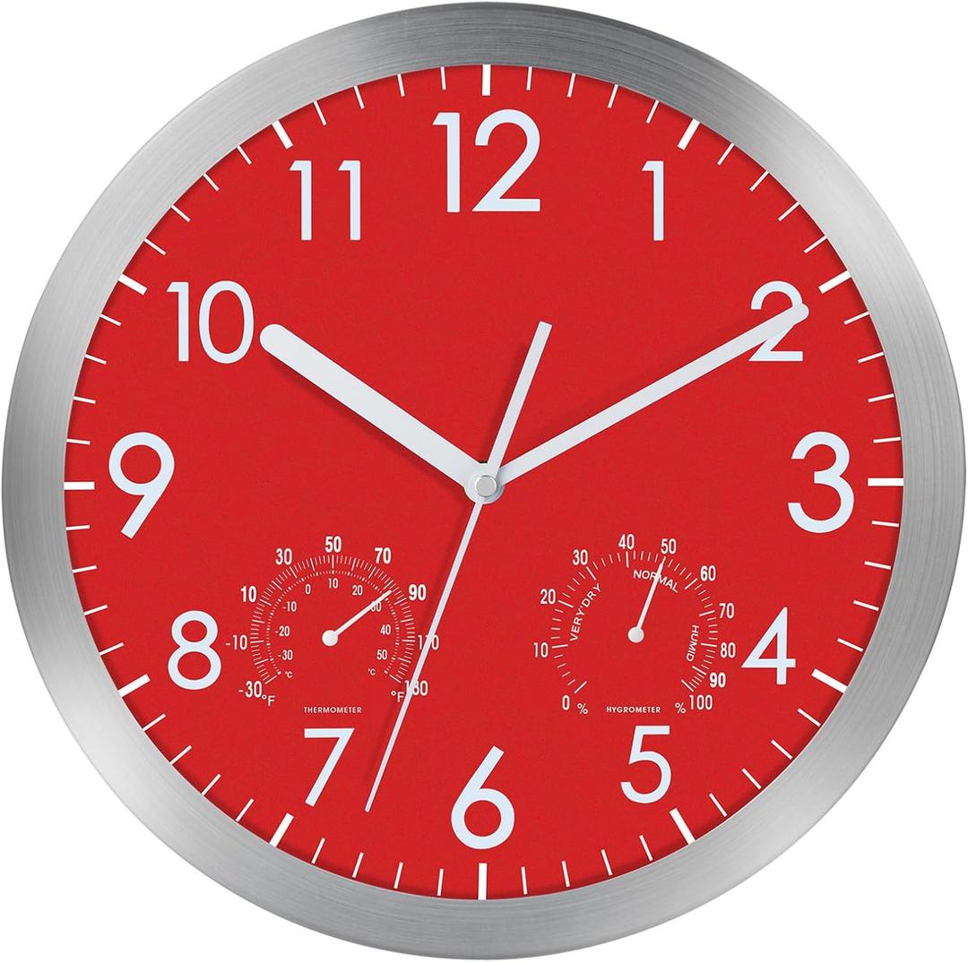 WOOPHEN 12 Silent Wall Clock, Battery Operated Non Ticking Glass Cover Silver Aluminum Frame Wall Clocks for Office, Home, Bathroom, Kitchen, Bedroom, School, Living Room(Red)
