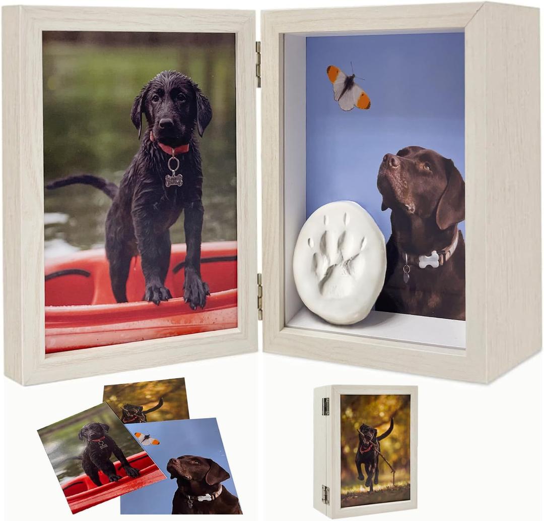 5x7 Pet Memorial Picture Frame Shadow Box for Dogs and Cats Frame Keepsake for 3 Photos Pet Paw Print Display Shadow Box with Double Hinges and Glass Front Memorial Gifts for Dog Lovers (White)