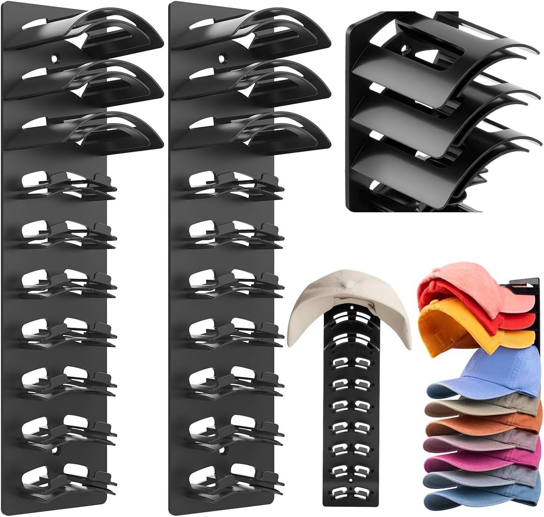 Hat Rack Organizer Holder for Baseball Caps. 2 Packs Hat Brim Bender & Door Wall Mount Hat Hanger, Adhesive and Screws Hat Storage Hold Up to 20 Hats For Closet and Bedroom (2 Pack Black)