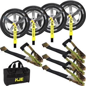 KJE 4 Pack Car Tie Down Straps for Trailers  Tire Ratchet Strap with Flat Hooks  2" x 10' 10,000LBS Break Strength  Lasso Style Wheel Straps for Hauling UTV, SUV, Any Cars