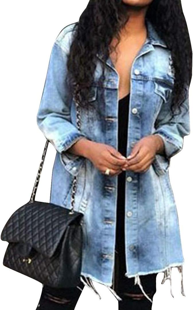 SOMTHRON Women's Distressed Denim Jeans Outfits Coat Spring Fall Ripped Jeans Outerwear Denim Jacket (Medium, A-light Blue)