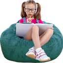 Classic Bean Bag Chair, with Faux Rabbit Fur Cover for Teens and Kids, Memory Foam Bean Bag Chairs, Ultra Soft Faux Fur Fabric, 2.5 feet Round Fluffy Bean Bag Sofa (Dark Green)