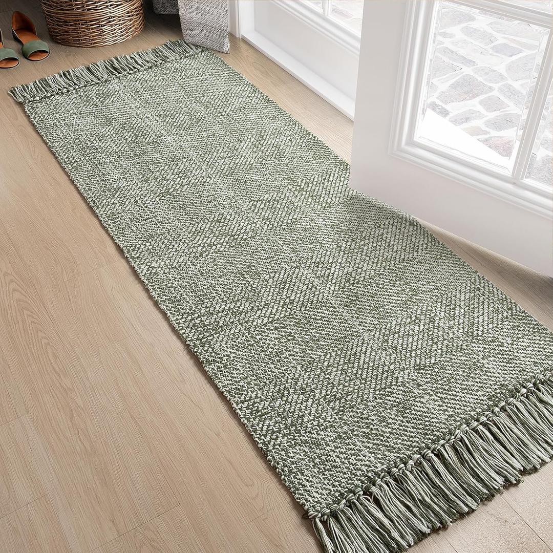 Collive Hallway Runner Rug, 2' x 5' Soft Washable Kitchen Runner Rug, Olive Green/Cream Contemporary Modern Laundry Room Rugs Indoor Hand-Woven Cotton Carpet for Bedroom Entryway Front Door Farmhouse