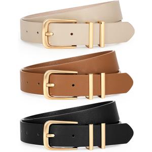 LEACOOLKEY 3 Pack Women's Leather Belts for Jeans Dress Pants Fashion Ladies Leather Belts with Gold Buckle (A-black+brown+beige), Size: M:Fits waist size 31"-36"
