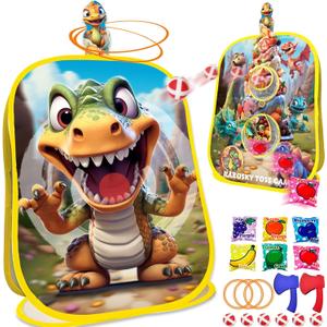 RaboSky 4-in-1 Dinosaur Bean Bag Toss Game for Kids Ages 3-5 4-8, Big Birthday Party Gifts & Fun Outdoor Activities for Boys, Toddlers with 6 Fruit Beanbags, 6 Rings, 6 Sticky Balls & 2 Axes