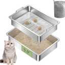 Stainless Steel Sifting Litter Box for Clumping Litter, Large Metal Sifter Litter Pan with Handle, Including Cat Litter Bag, Non-Stick, Odor Control, Easy Cleaning, (19.7" Lx13.8 Wx5.9 H)