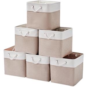 12 x 12 Inch Cube Storage Bins, 6 Pack Large Collapsible Fabric Storage Bin with Ropes, Foldable Storage Cubes for Home, Office,Closet, Clothes, Toys Organizer (White & Beige)