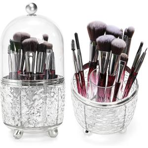 Eorbow Rotating Makeup Brush Holder, Dustproof Cosmetic Tools Organizer with Lid, 360 Spinning Covered Brushes Storage with Anti-slip Pads for Vanity, Bathroom Countertop & Bedside Table, Clear