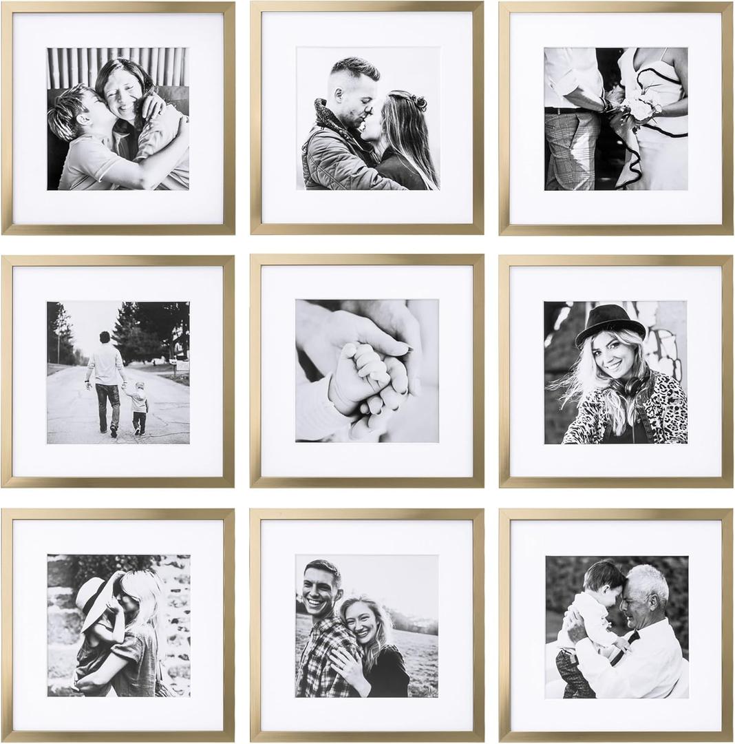 ArtbyHannah Square Picture Frame, Gold Gallery Wall Frame Set Display Pictures 8x8 inch with Mat or 12x12 inch Without Mat, Wall Hanging Photo Frame for Living Room or Staircase Decoration (9 Pack)