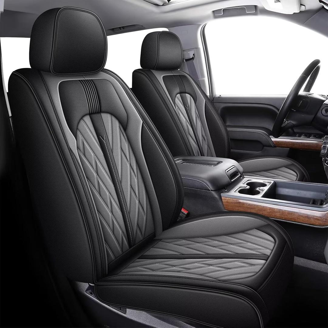 TTX LIGHTING 2 Front Seat Covers Fit for 2019-2024 2025 Chevrolet Chevy Silverado GMC Sierra 1500 2500HD 3500HD Trail Boss Z71 Crew Double Extended Cab Custom Leather Truck Seat Covers(Black&Grey)