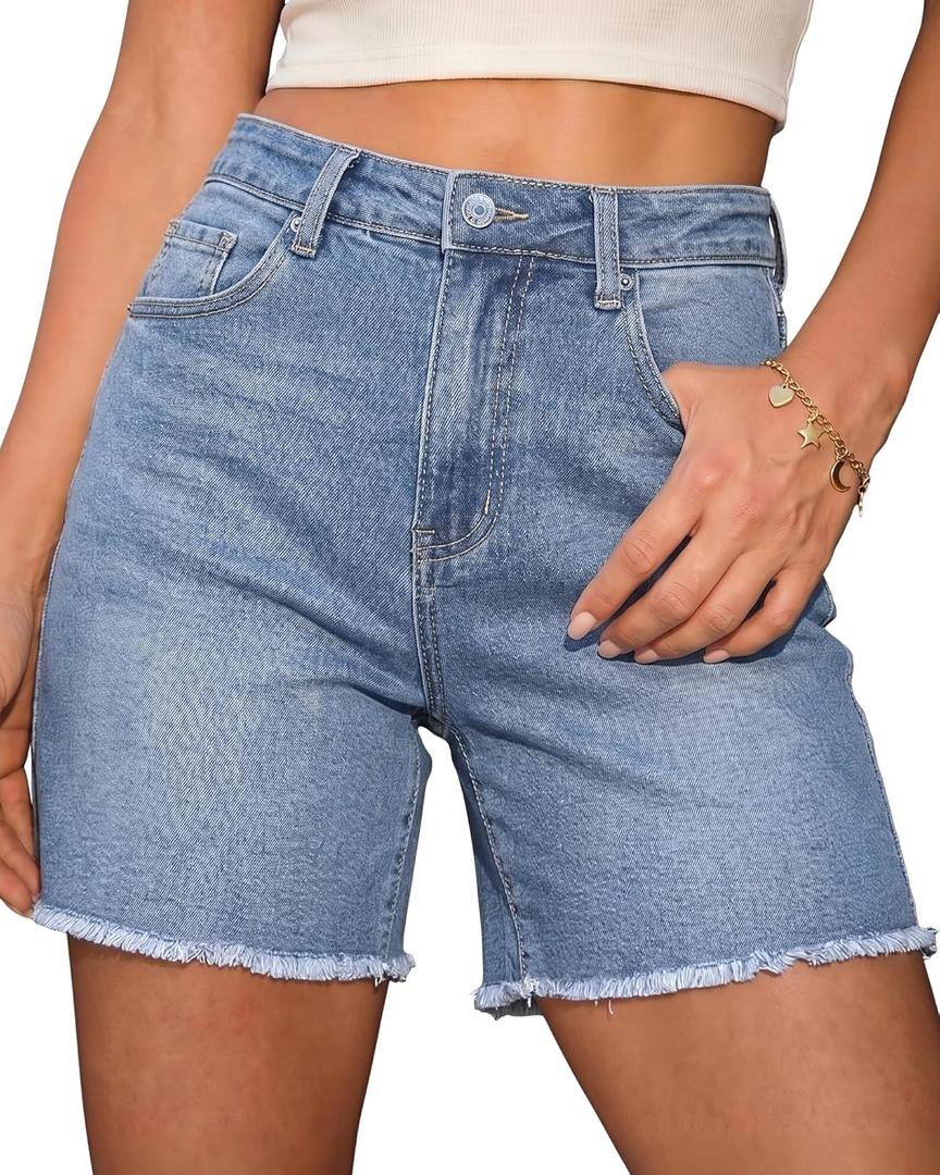 luvamia FleXclusive Jean Shorts for Women Trendy High Waisted Stretchy Denim Summer Raw Hem Mom Long Shorts Cutoff Jorts (Small, Cody Blue)