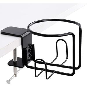 Large Desk Cup Holder, Clip On Table Cup Holder, Anti-Spill Drink Holder for Lawn Chair, Horizontal or Vertical Mount, Pack of 2, Black