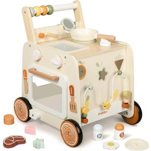 Pithfor Wooden Baby Walker, 3-in-1 Baby Push Walker, with Pretend Kitchen, Montessori Sensory Activity Center, Push Walker Toys for Babies Learning to Walk, Sit-to-Stand