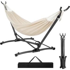 Portable Hammock with Folding Hammock Stand for Outdoor,Off White | Heavy Duty Steel Hammock Stand with Carrying Bag,3 Holes for Height Adjustment, 550 LBS Weight Capacity