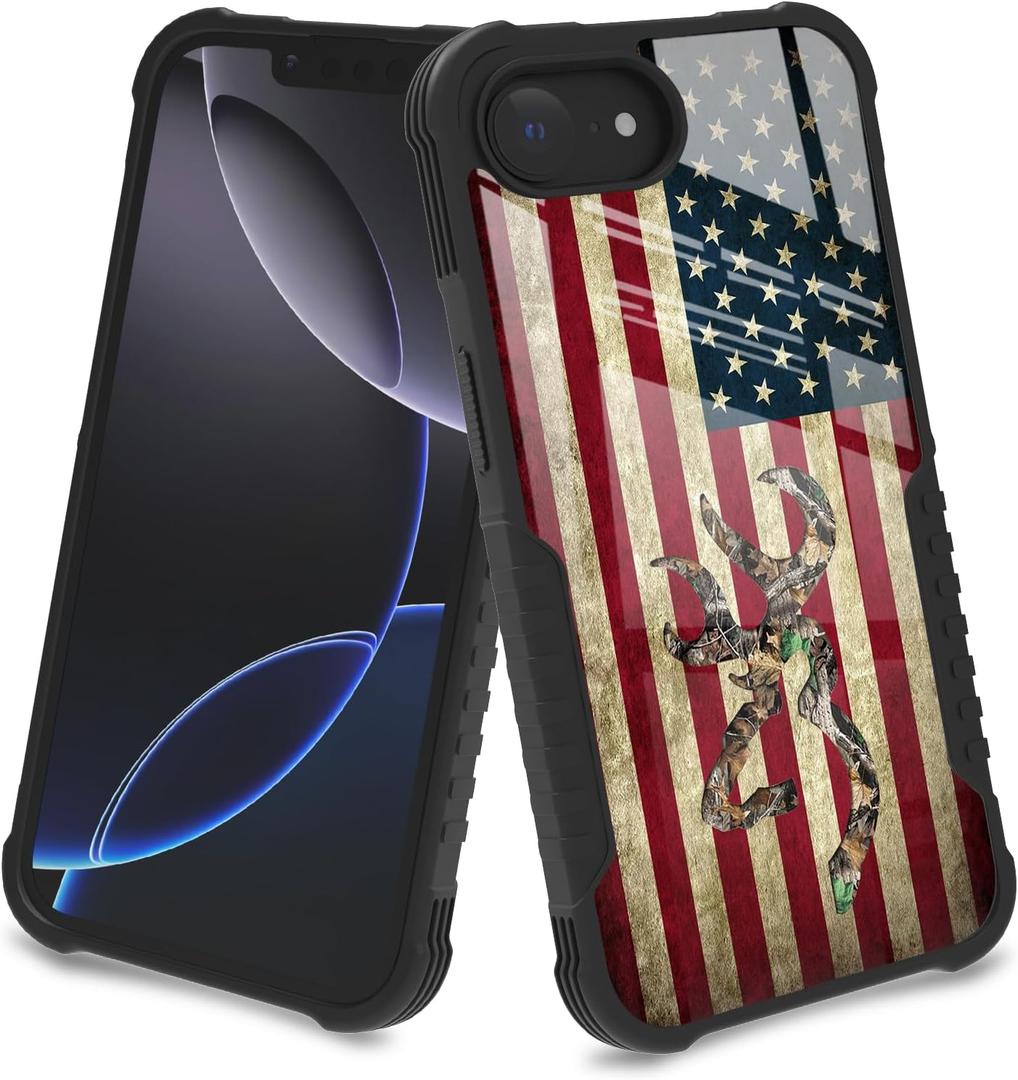 for iPhone 16e Case Cool Camo Deer Leaf American Flag Design for Men Boys [Shockproof Bumper] [Anti-Scratch] [Anti-Slip] Heavy Duty Protection Cover Camouflage Flag